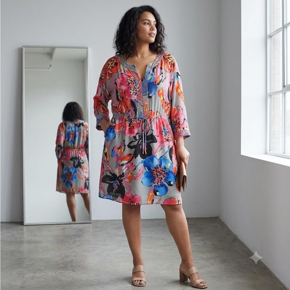 St. John silk blend floral tunic midi dress with rhinestone accents, size XL